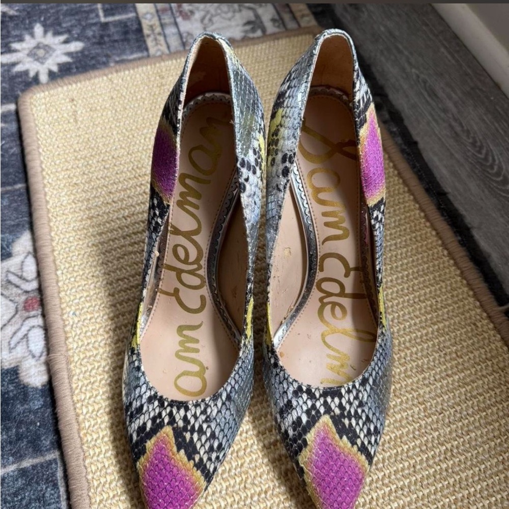 Sam Edelman Snake-Print Pointed Toe Pumps with Pink and Yellow Accents